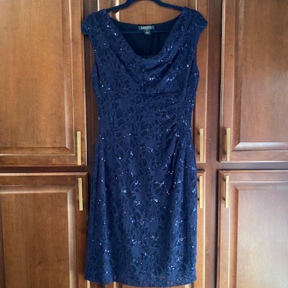 Lauren Ralph Lauren Evening navy dress blue Sequins size 10 EUC